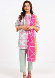 Woman wearing a pink and white patterned dupatta with a white background