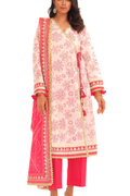 Woman wearing a pink and white traditional outfit with floral patterns on a white background