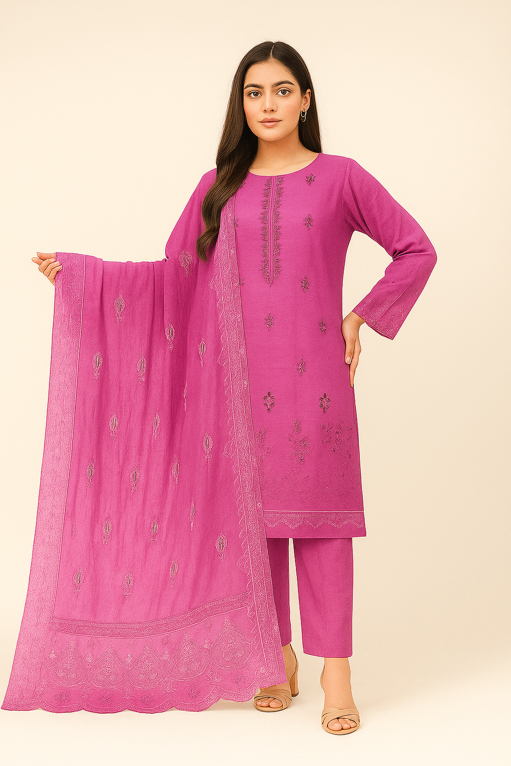 Woman wearing a pink embroidered outfit with a dupatta on a beige background