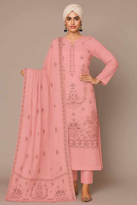 Woman wearing a pink embroidered outfit with a matching dupatta against a beige background