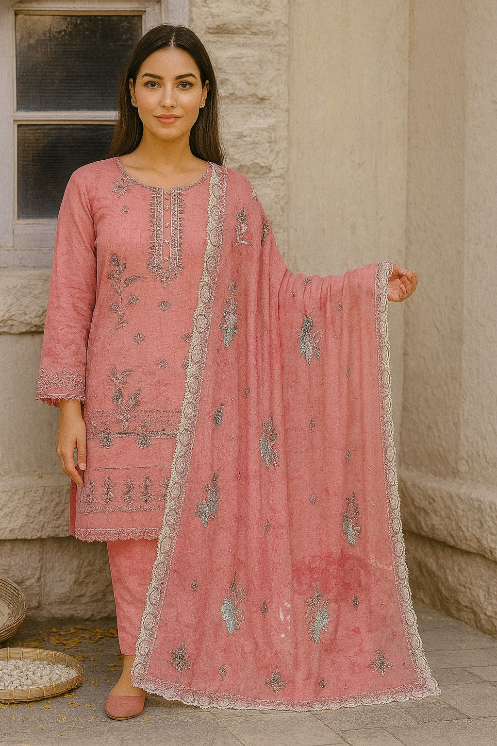 Woman wearing a pink embroidered traditional outfit with a matching dupatta against a stone wall.