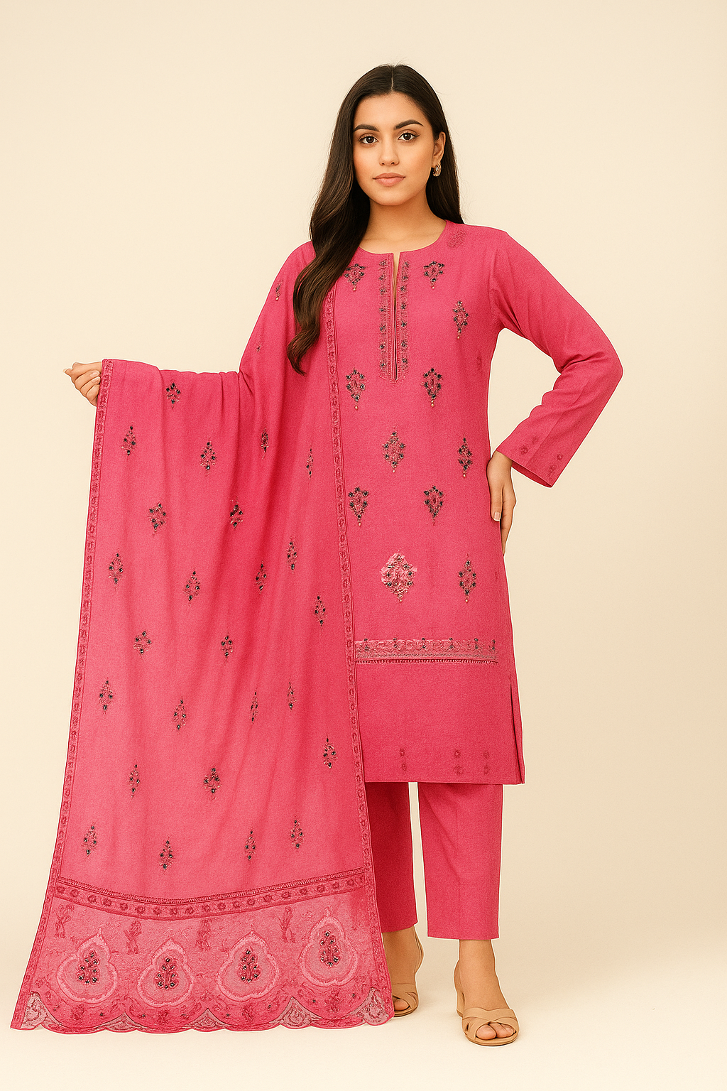 Woman wearing a pink traditional outfit with an embroidered dupatta on a beige background