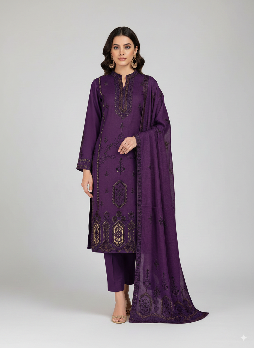 Woman wearing a purple embroidered outfit on a white background