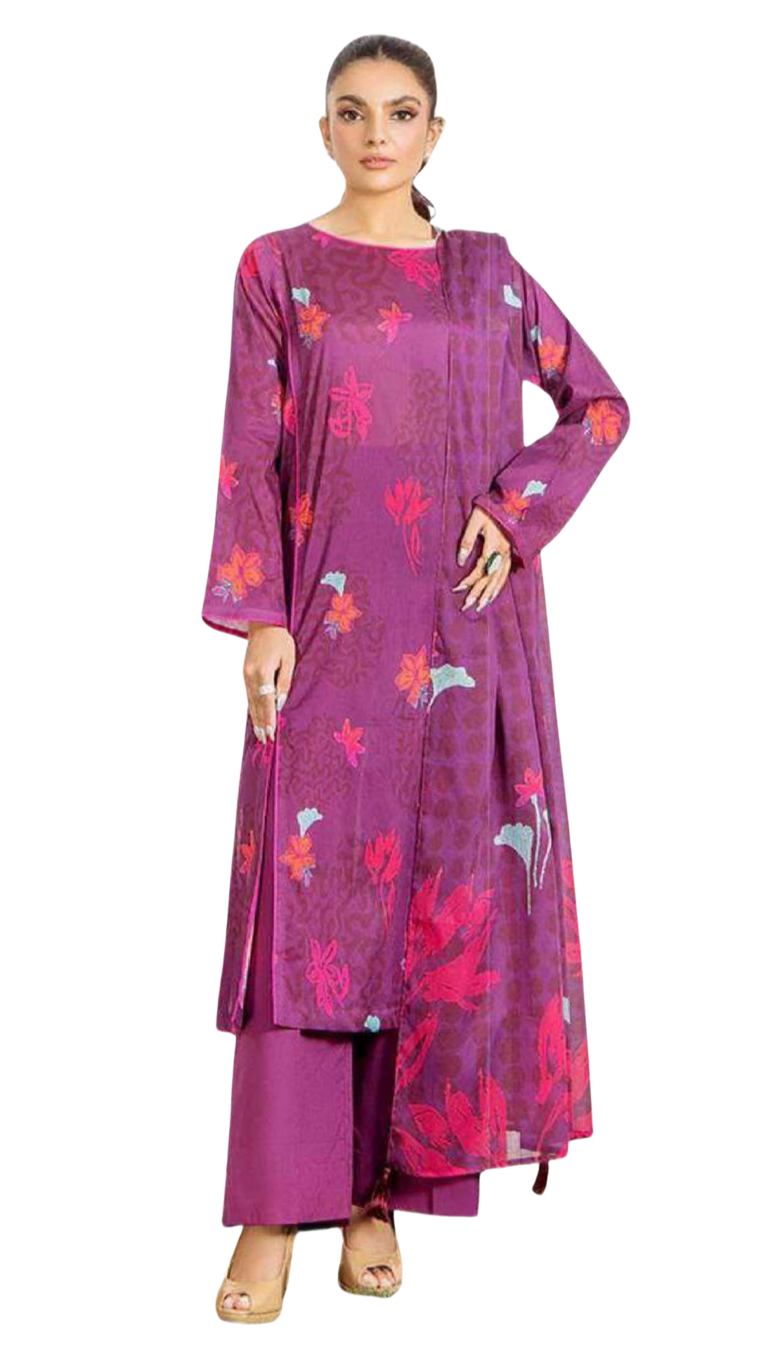 Woman wearing a purple floral outfit on a white background