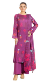 Woman wearing a purple floral outfit on a white background