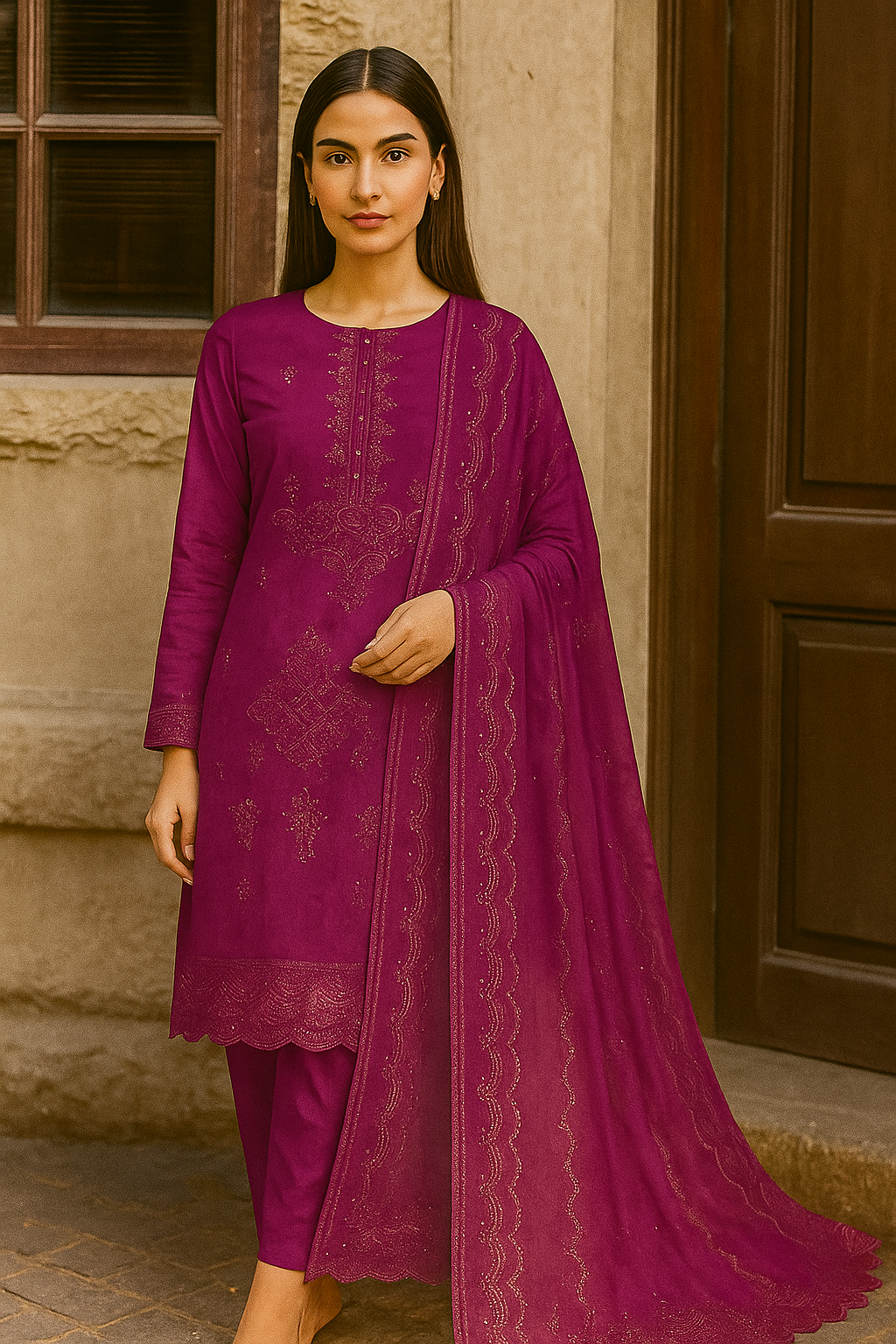 Woman wearing a purple traditional outfit with a matching dupatta in front of a stone wall.