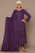 Woman wearing a purple embroidered outfit with a matching dupatta on a beige background