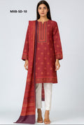 Woman wearing a red embroidered kurta with white pants on a light gray background