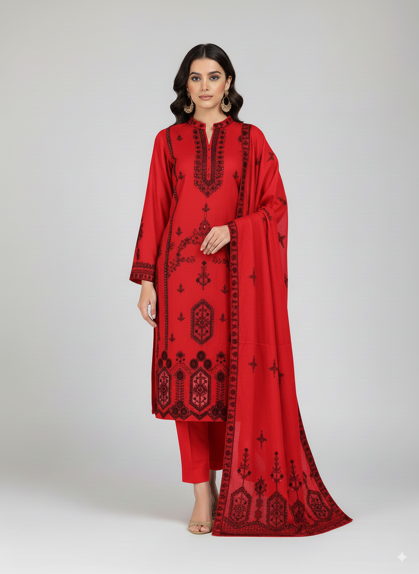 Woman wearing a red embroidered outfit with a white background