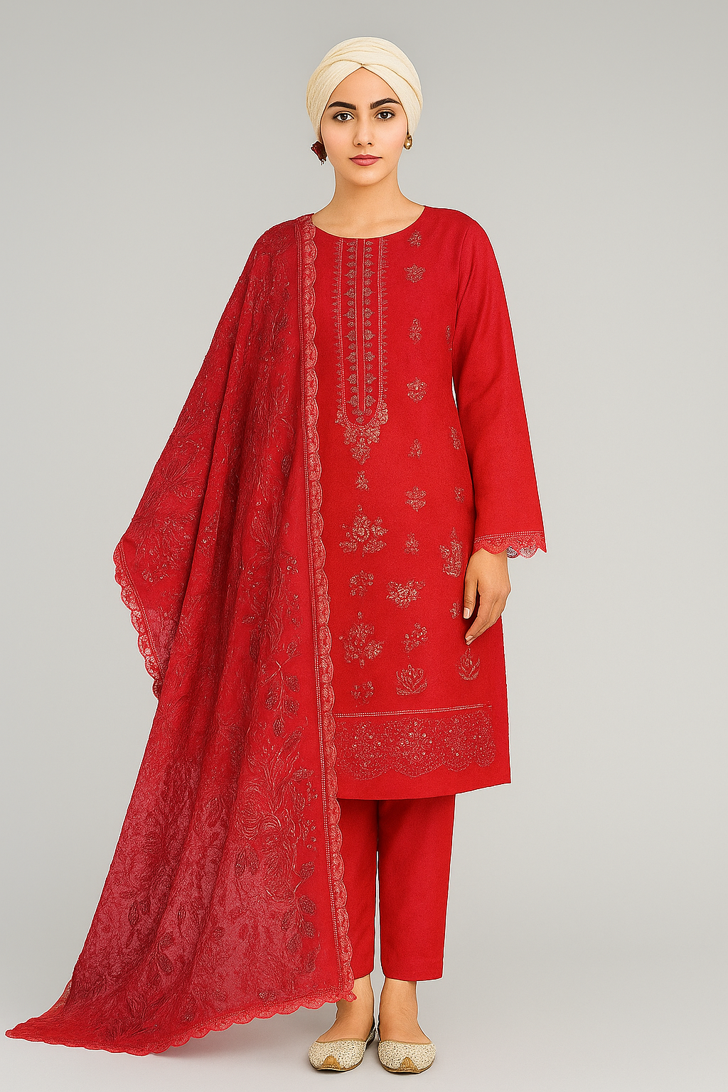 Woman wearing a red embroidered outfit with a matching dupatta on a gray background