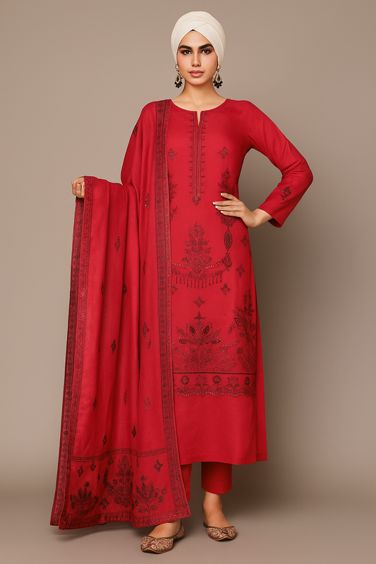 Woman wearing a red embroidered outfit with a matching dupatta on a beige background