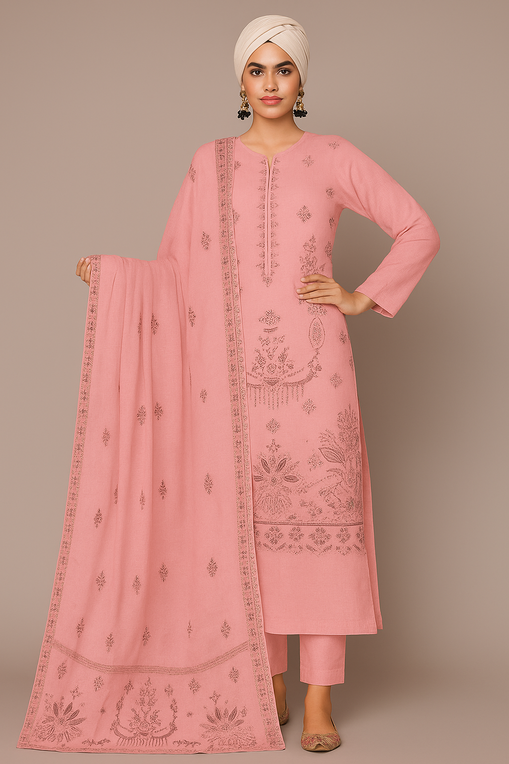 Woman wearing a pink embroidered outfit with a matching dupatta against a beige background