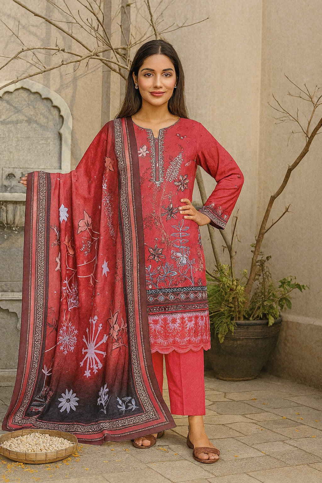 Woman wearing a red embroidered traditional outfit with a matching dupatta in an outdoor setting.