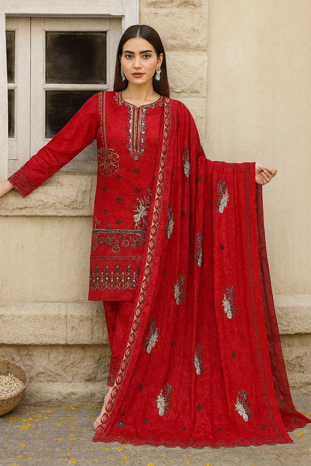Woman wearing a red embroidered traditional outfit with a matching dupatta against a beige wall.