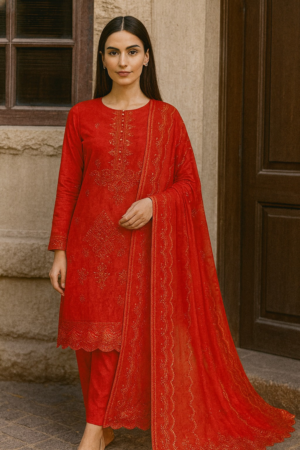 Woman wearing a red embroidered traditional outfit standing in front of a stone wall.