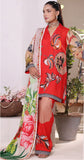 Woman wearing a red floral outfit with a matching Dupatta in an indoor setting.