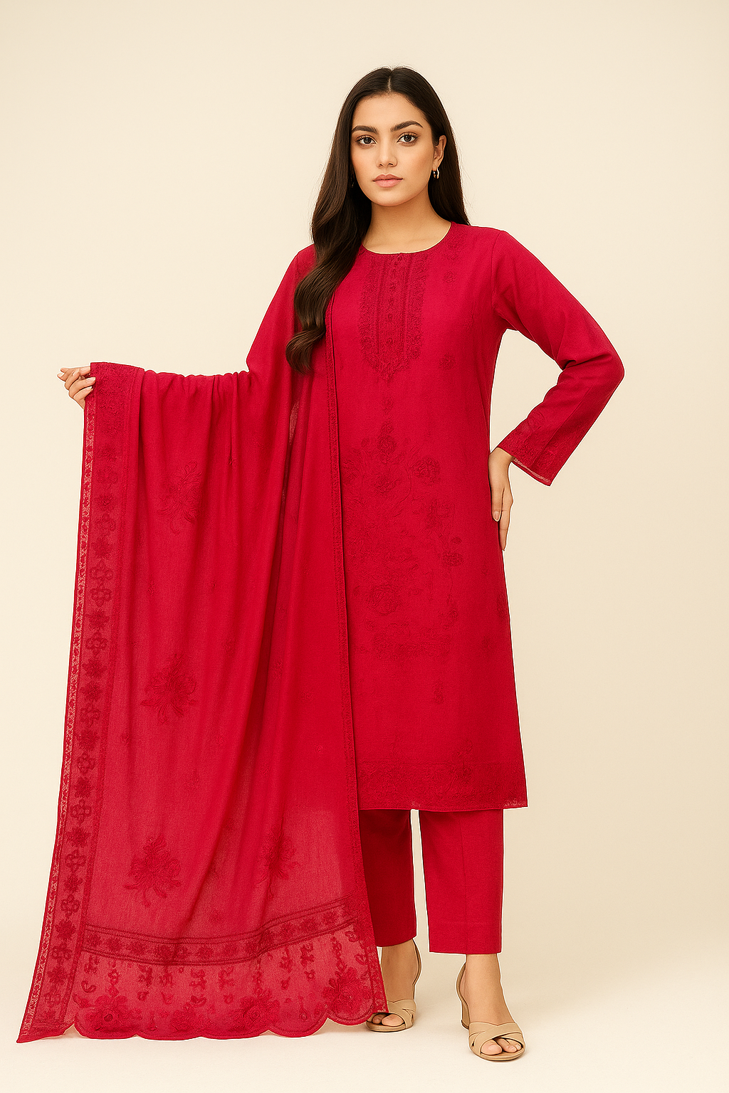 Woman wearing a red traditional outfit with a matching dupatta on a beige background