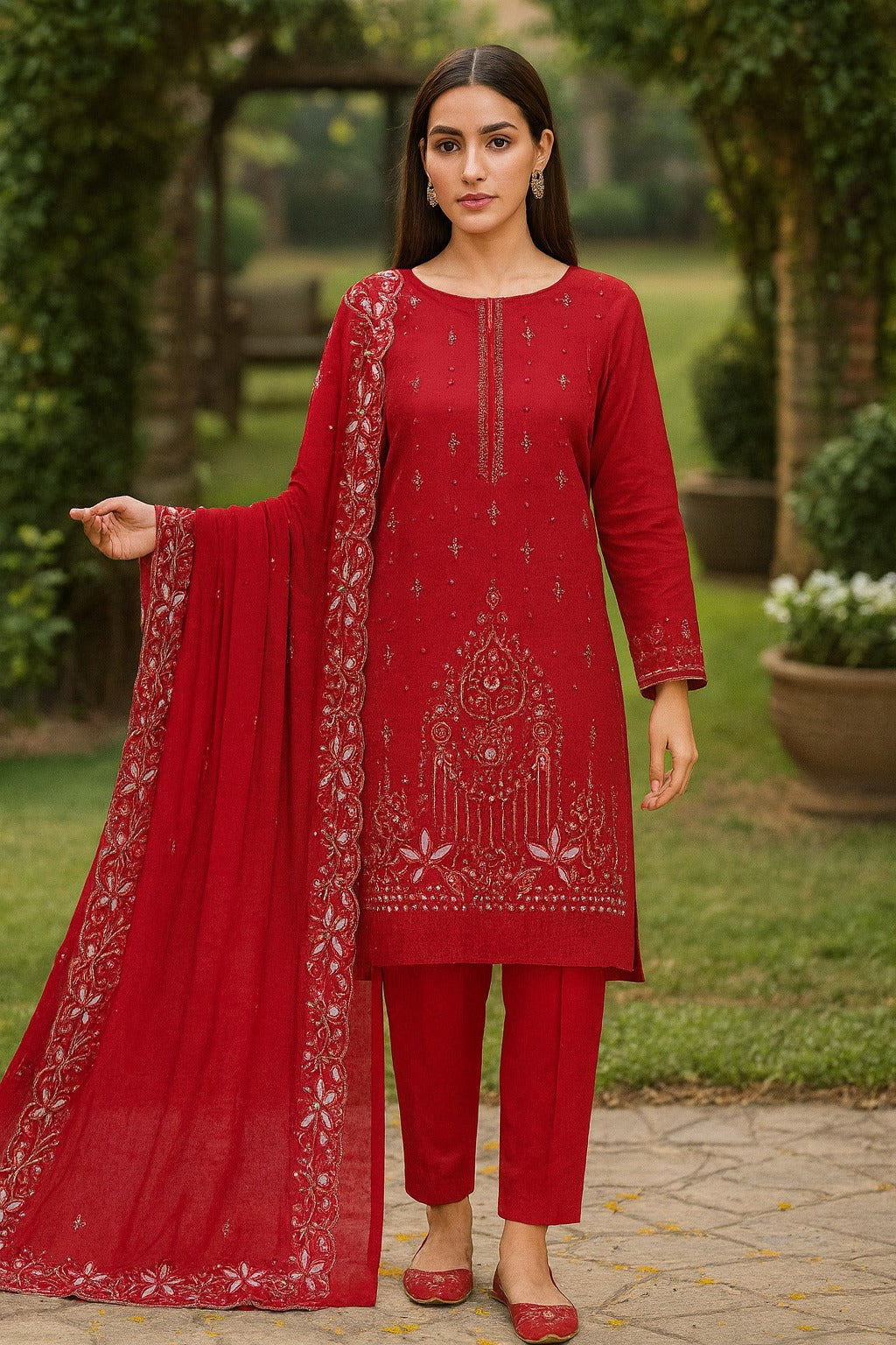 Woman wearing a red traditional outfit with embroidery outdoors.