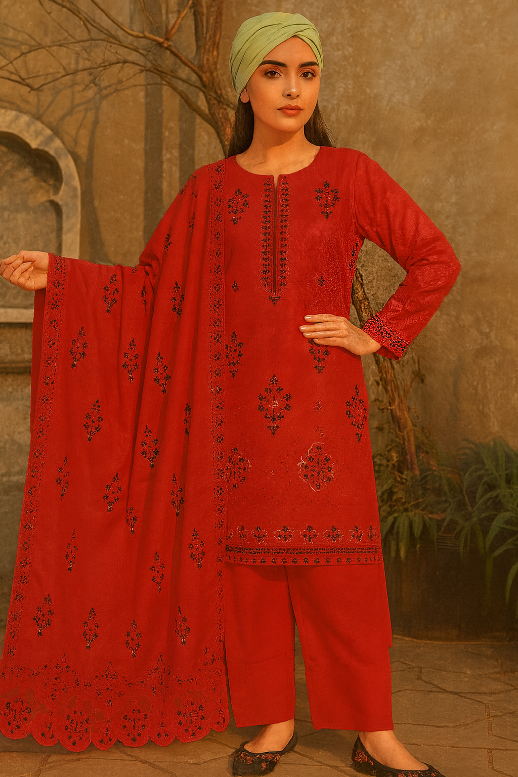 Woman wearing a red embroidered outfit with a green headscarf in an outdoor setting.