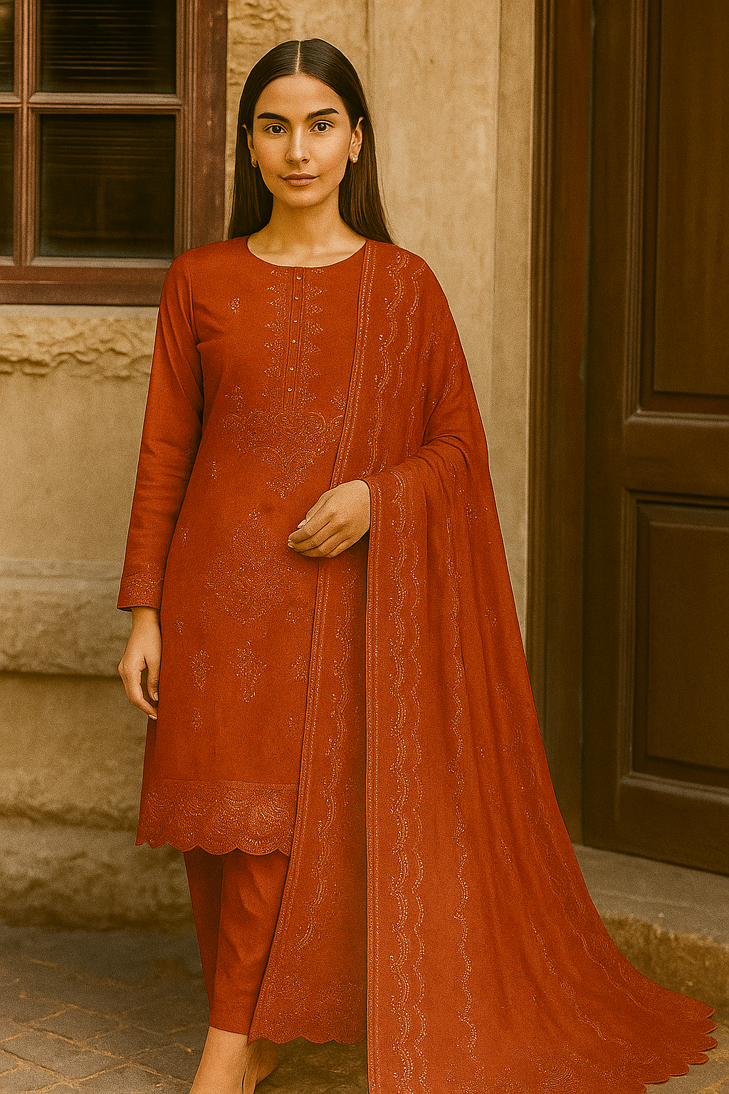 Woman wearing a rust-colored traditional outfit with a dupatta in front of a stone wall.
