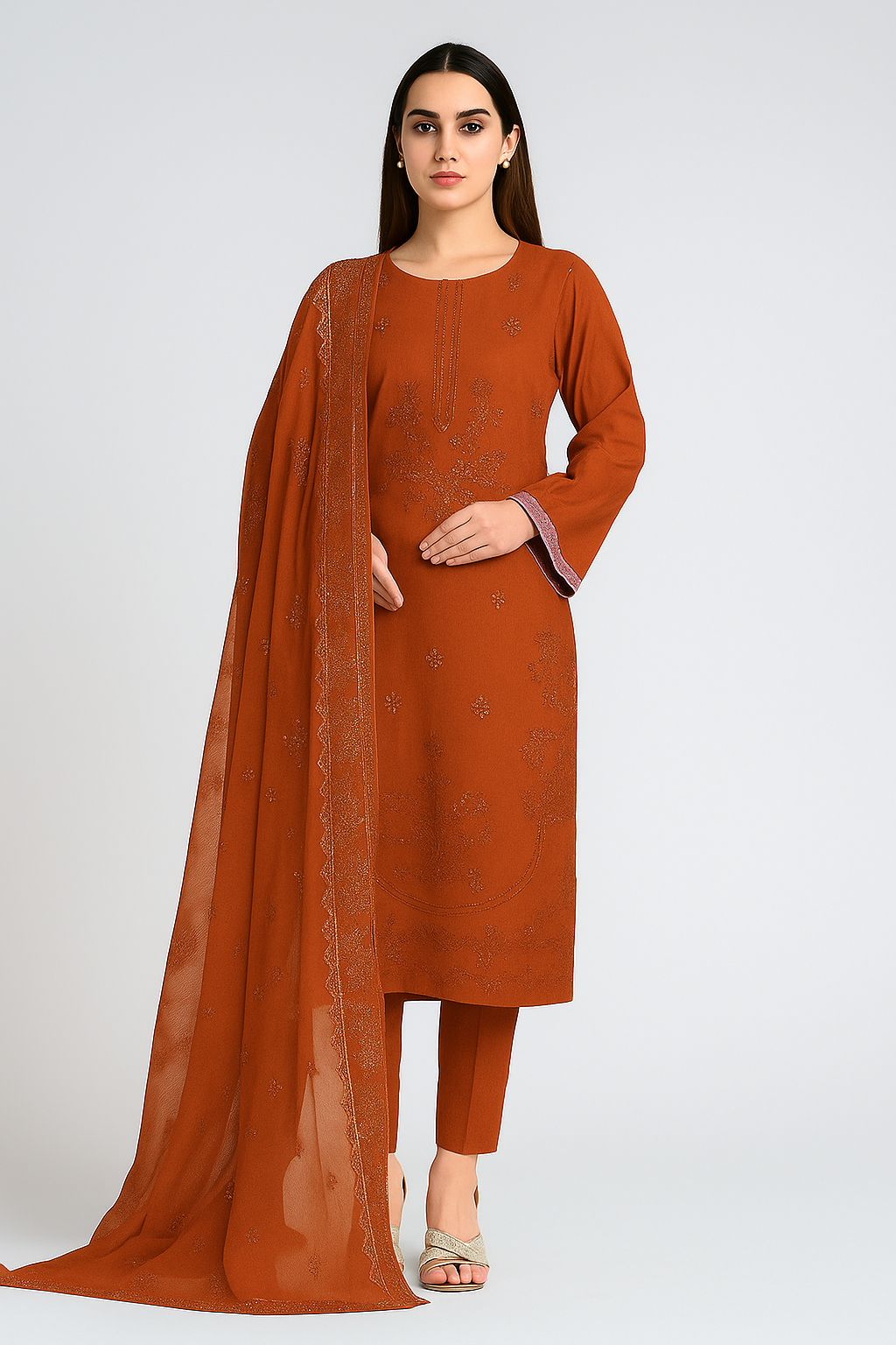 Woman wearing a rust-colored traditional outfit with a matching dupatta on a white background