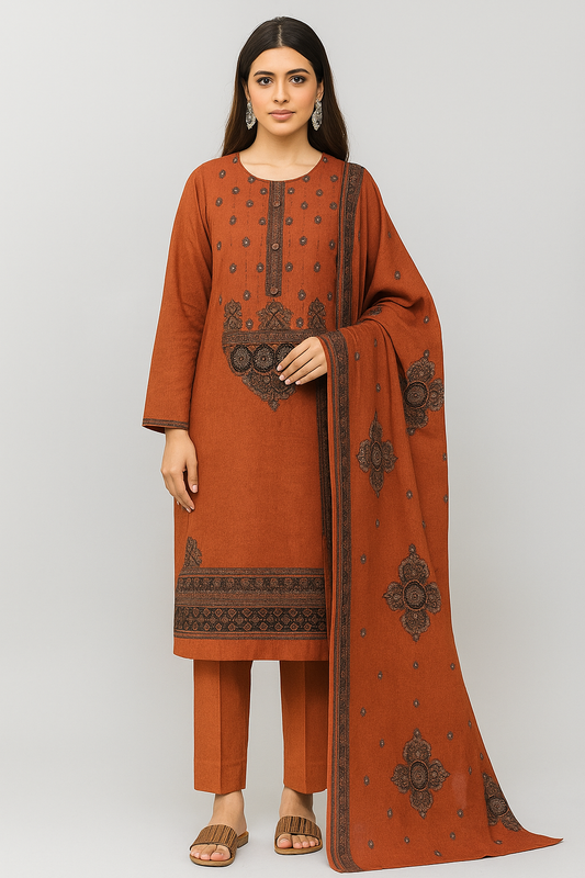 Woman wearing a rust-colored traditional outfit with intricate patterns on a white background