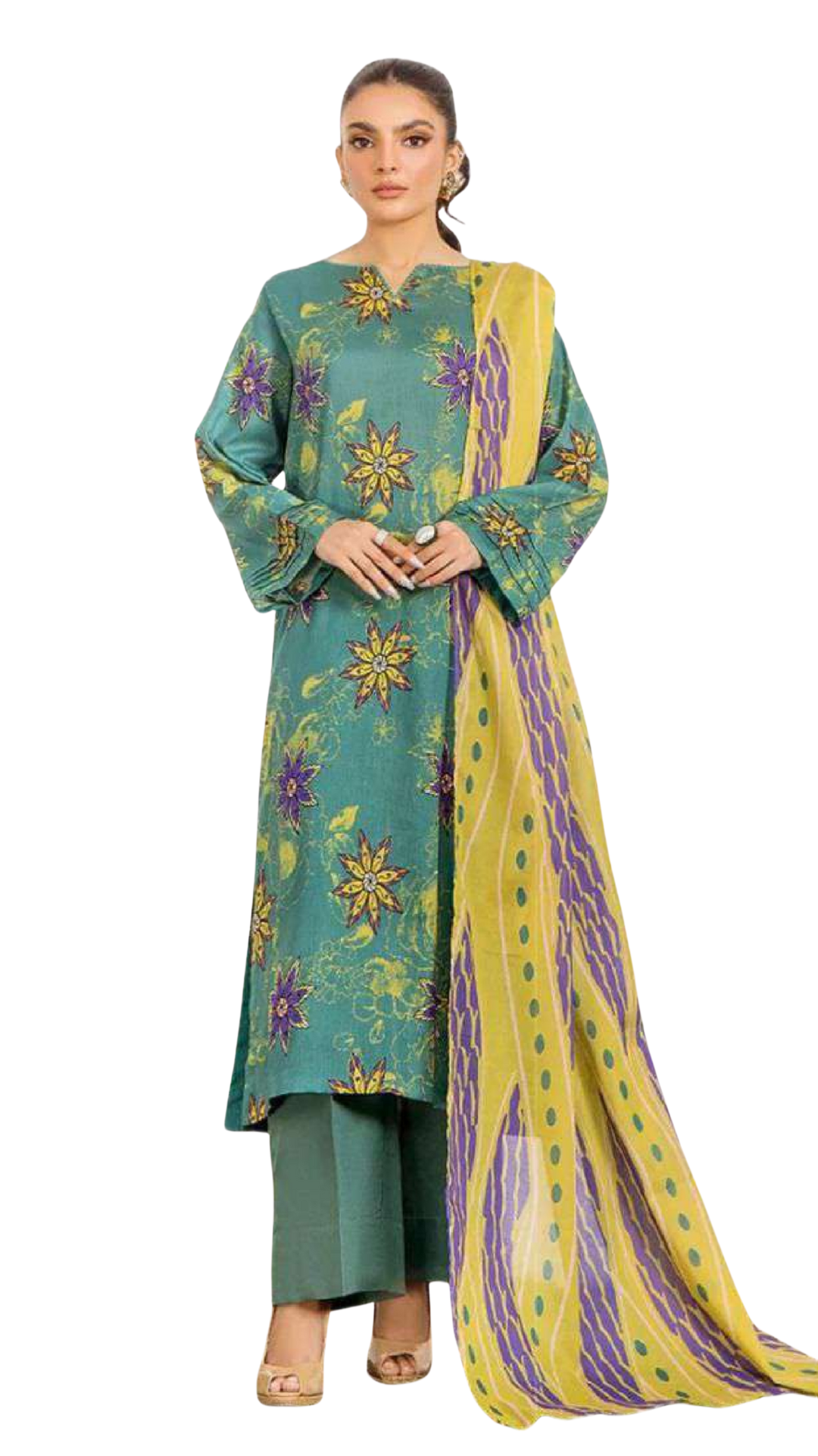 Woman wearing a teal and yellow traditional outfit with a matching dupatta on a white background