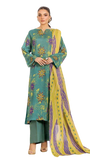 Woman wearing a teal and yellow traditional outfit with a matching dupatta on a white background