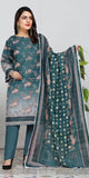 Woman wearing a teal printed outfit with a matching dupatta on a light gray background