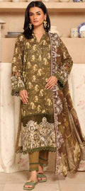 Woman wearing a traditional embroidered outfit with a brown and green color scheme.