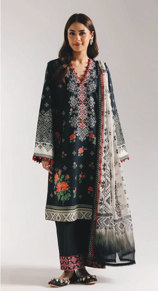 Woman wearing a traditional outfit with a floral design on a white background