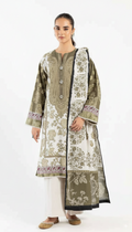 Woman wearing a traditional outfit with a floral pattern on a white background