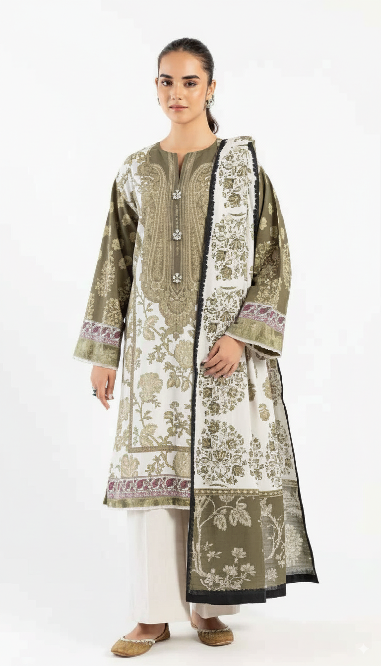 Woman wearing a traditional outfit with a floral pattern on a white background