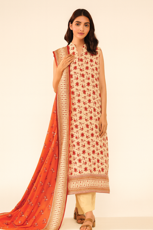Woman wearing a traditional outfit with a floral pattern and orange dupatta on a beige background