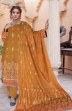 Woman wearing a traditional outfit with a mustard yellow dupatta in an indoor setting.