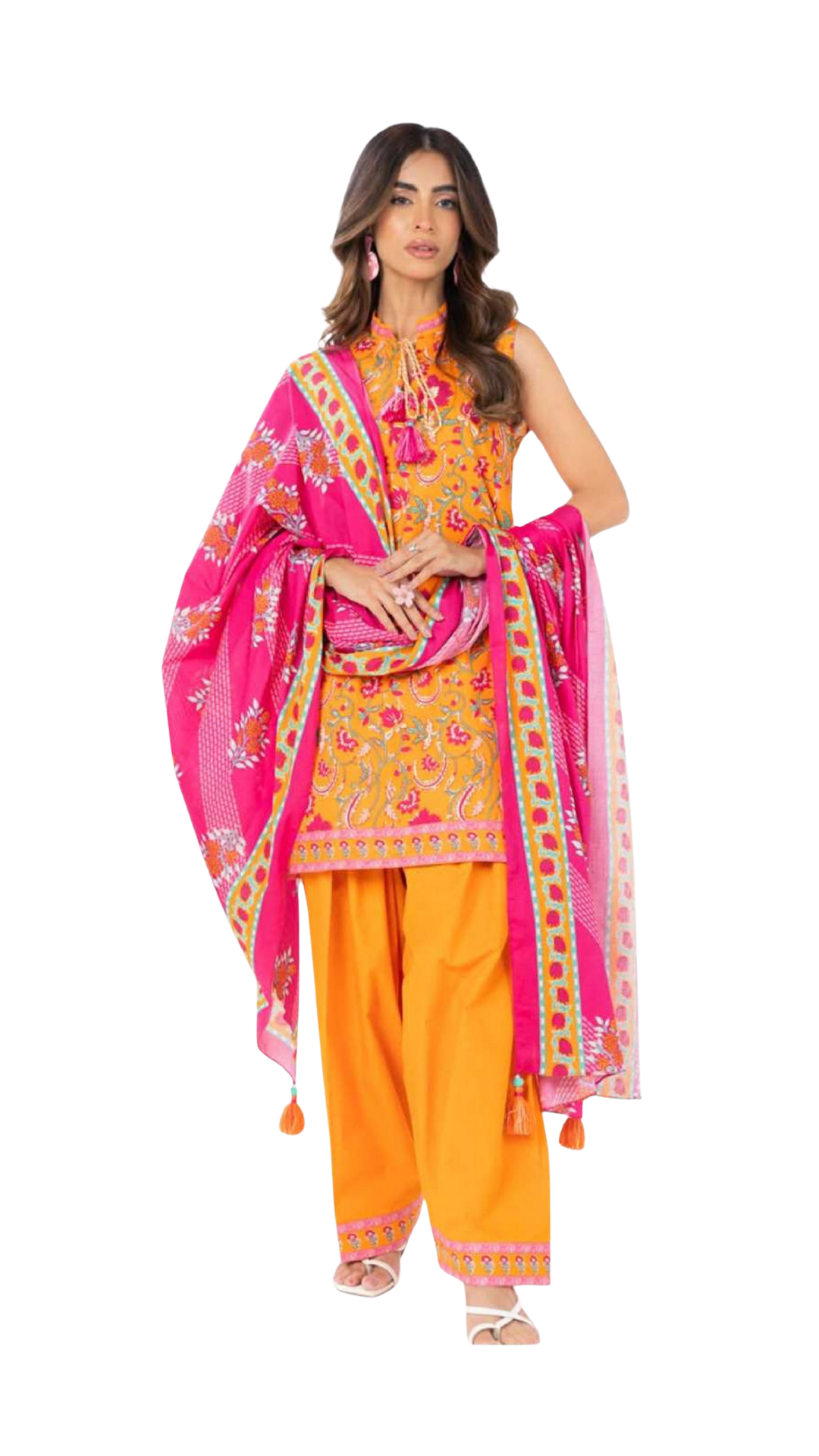 Woman wearing a traditional outfit with a pink dupatta and orange pants on a white background
