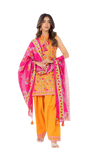 Woman wearing a traditional outfit with a pink dupatta and orange pants on a white background