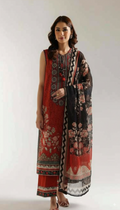 Woman wearing a traditional outfit with a red and black patterned dress on a white background