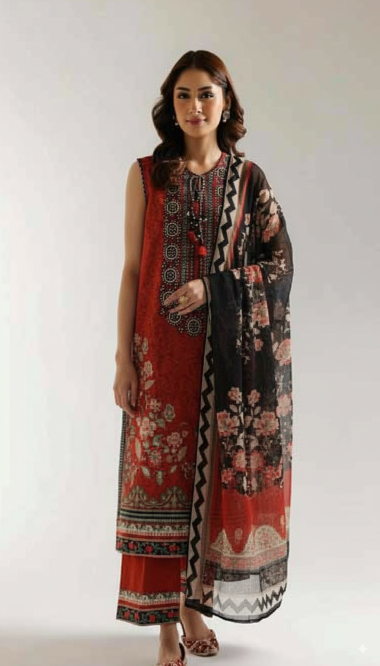 Woman wearing a traditional outfit with a red and black patterned dress on a white background