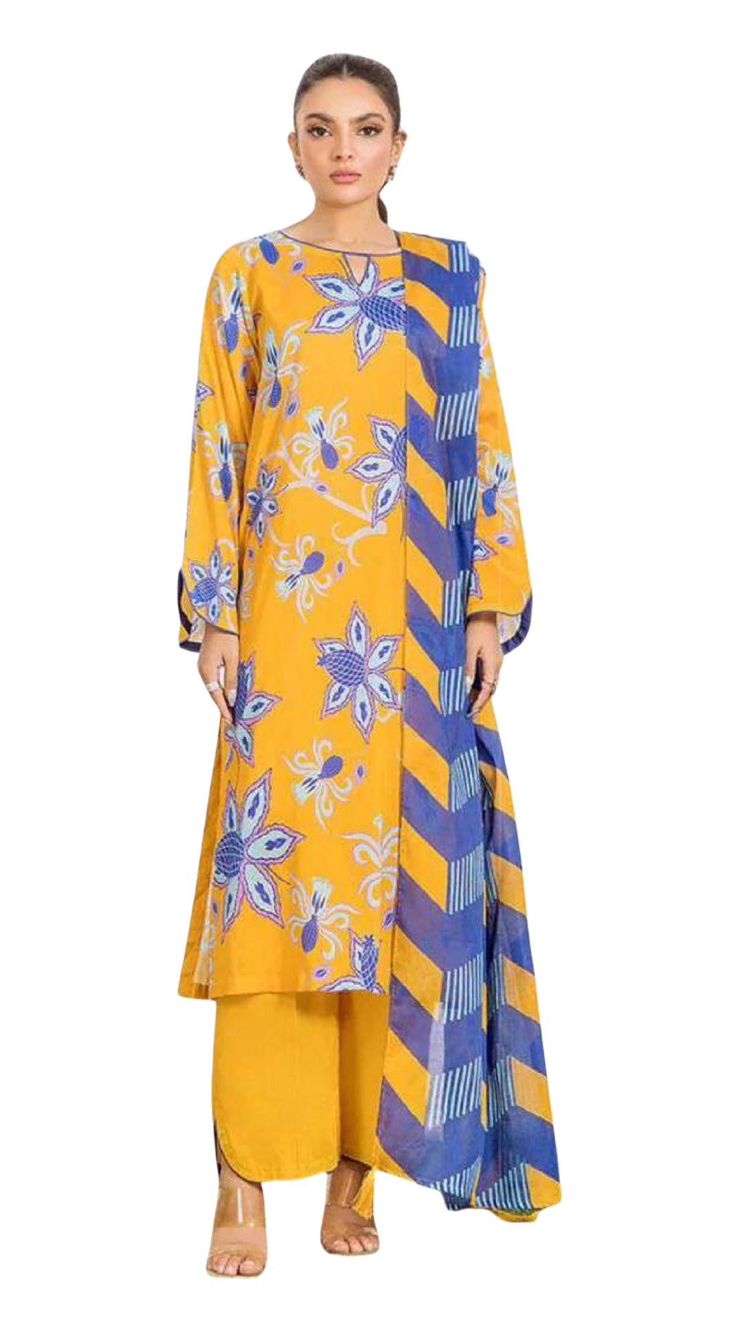 Woman wearing a yellow and blue patterned outfit on a white background