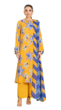 Woman wearing a yellow and blue patterned outfit on a white background