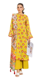 Woman wearing a yellow floral dress holding a magazine on a white background
