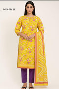 Woman wearing a yellow floral kurta with purple pants and matching dupatta on a white background