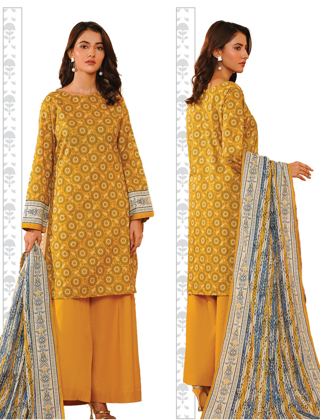 Woman wearing a yellow patterned outfit with a matching dupatta on a white background