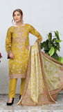 Woman wearing a yellow traditional outfit with a matching dupatta, standing against a white background.