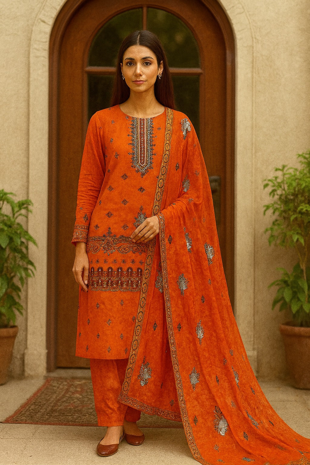 Woman wearing an orange embroidered traditional outfit standing in front of a door.