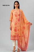 Woman wearing an orange floral kurta with a matching dupatta on a gray background