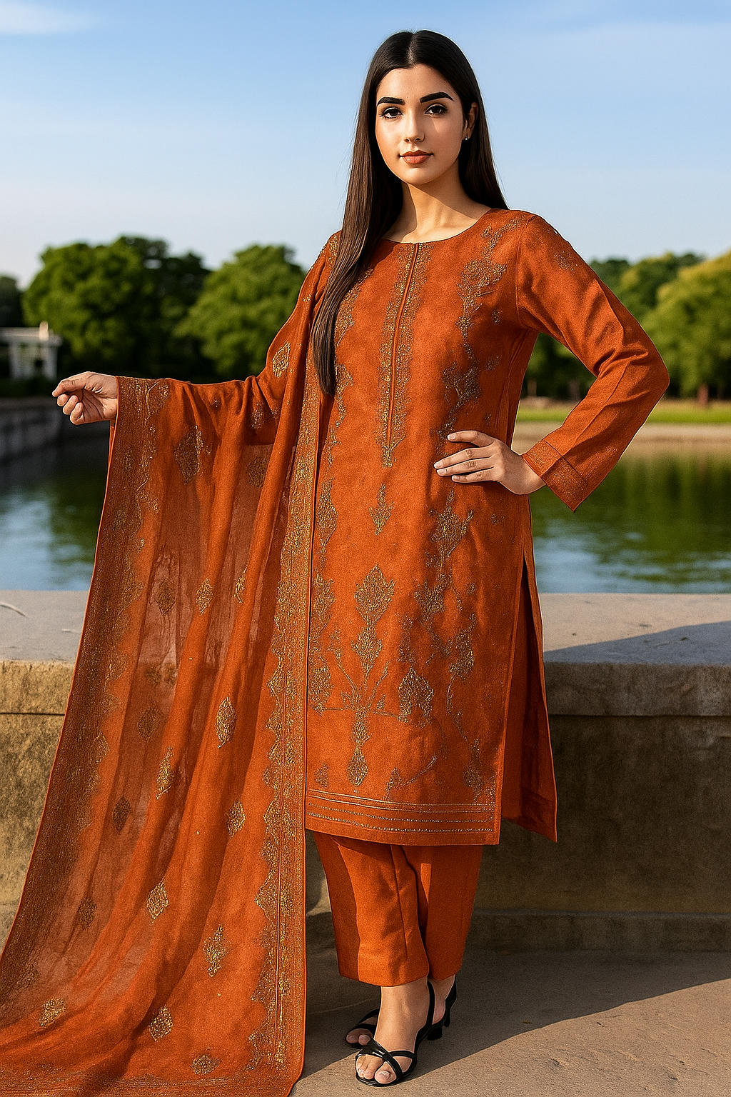 Woman wearing an orange traditional outfit with a long scarf by a lake