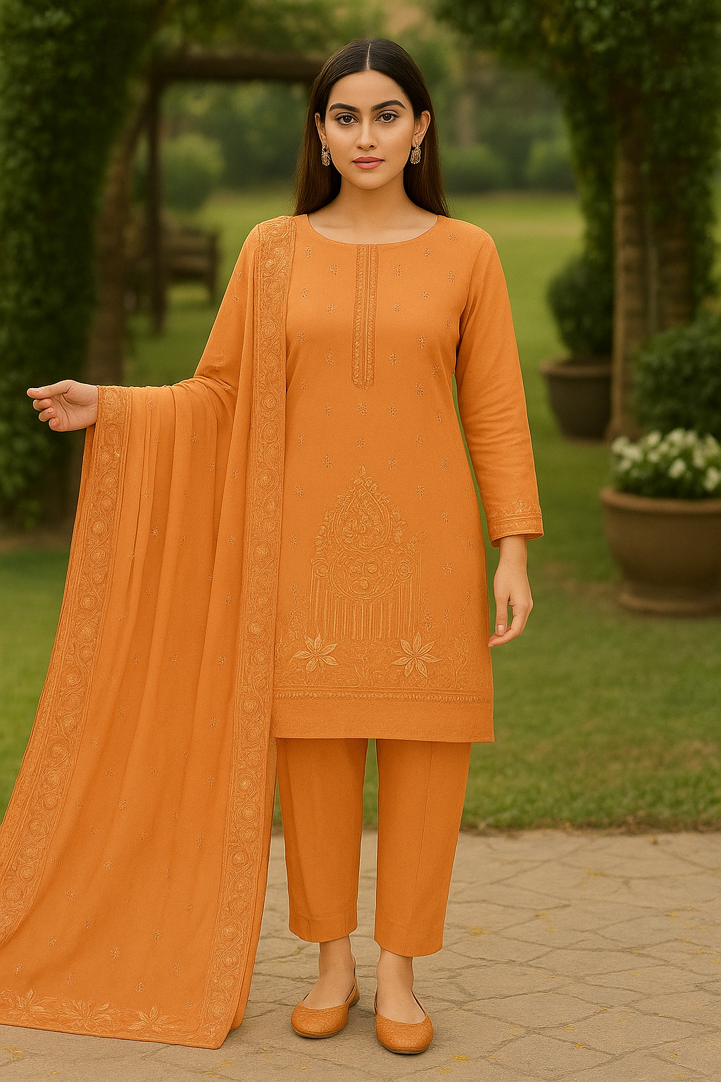 Woman wearing an orange traditional outfit with a dupatta in an outdoor setting.