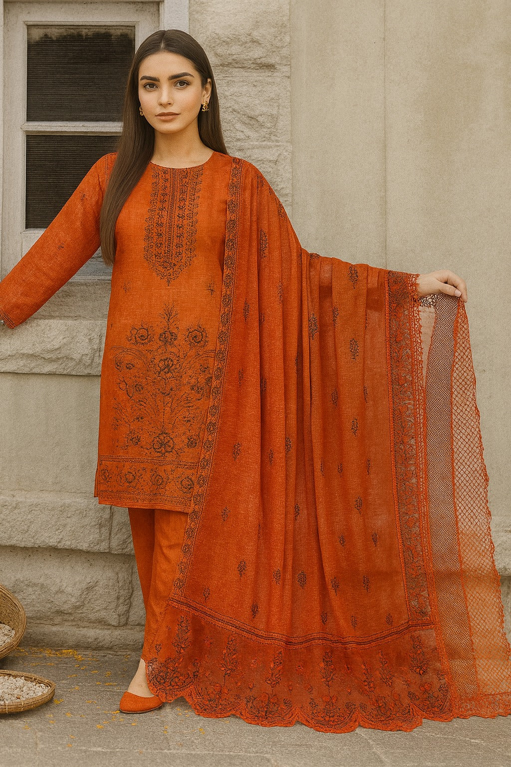 Woman wearing an orange traditional outfit with embroidery, standing against a stone wall.